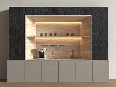 Minimalist Modern Sideboard Featuring Wooden Shelves Matte Gray Cabinet Ambient LED Lighting And Storage Drawers 3d model