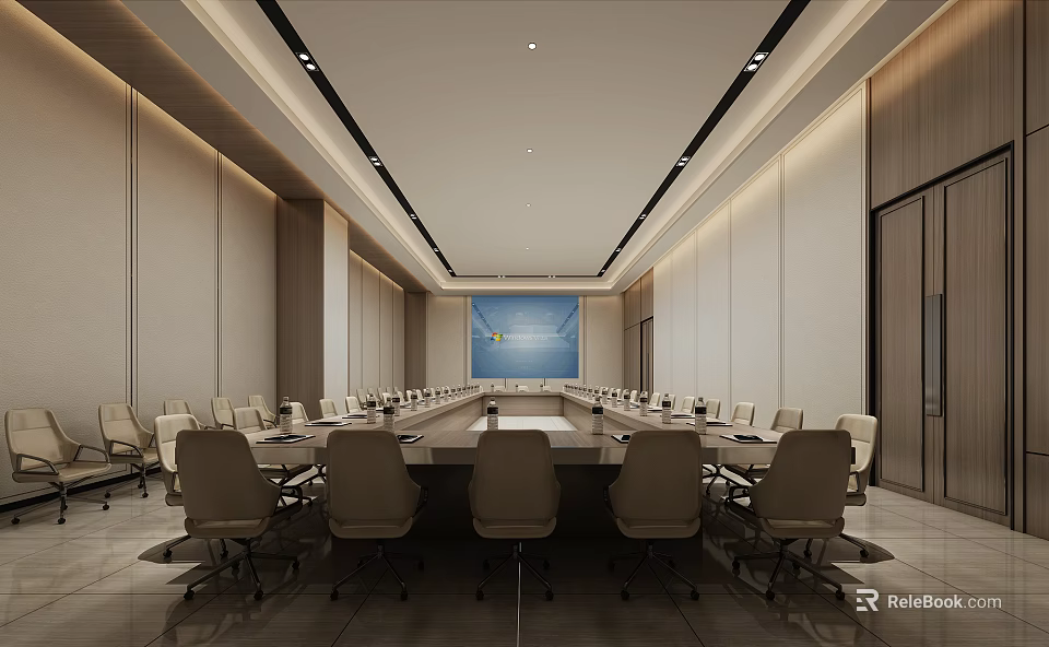 Modern Conference Room Interior With Long Table Comfortable Chairs Large Screen And Ceiling Lights 3d model