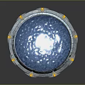 Circular Blue Glowing Orb With Metallic Frame Yellow Decorative Accents Bright Central Light