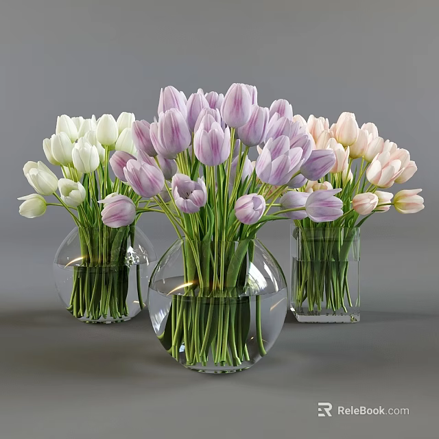 Decorative Round Transparent Glass Vases With White Purple Pink Tulips Arrangement 3d model 