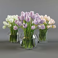 Decorative Round Transparent Glass Vases With White Purple Pink Tulips Arrangement
