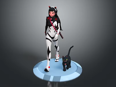 Anime Style Female Game Character With Cat Ears And Black Cat Companion 3d model