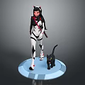Anime Style Female Game Character With Cat Ears And Black Cat Companion