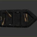 Black Inflatable Water Boat With Wooden Paddles And Small Storage Box 3d model