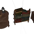 Wooden Side Table Bookshelf And Cabinet With Lanterns And Stacked Books