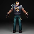 Man With White Long Hair Beard Spiked Leather Vest Tattooed Arms Blue Ripped Jeans
