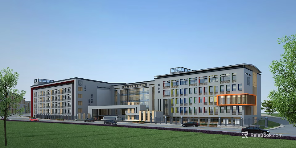 Modern Hospital Building Exterior With Glass Windows Colorful Facade Green Lawn And Parked Vehicles 3d model 