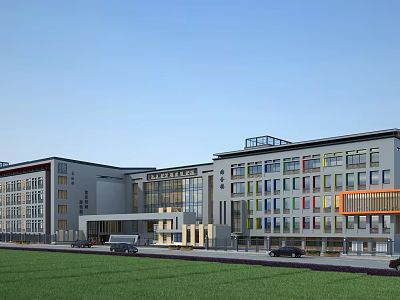 Modern Hospital Building Exterior With Glass Windows Colorful Facade Green Lawn And Parked Vehicles 3d model