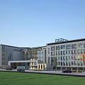 Modern Hospital Building Exterior With Glass Windows Colorful Facade Green Lawn And Parked Vehicles