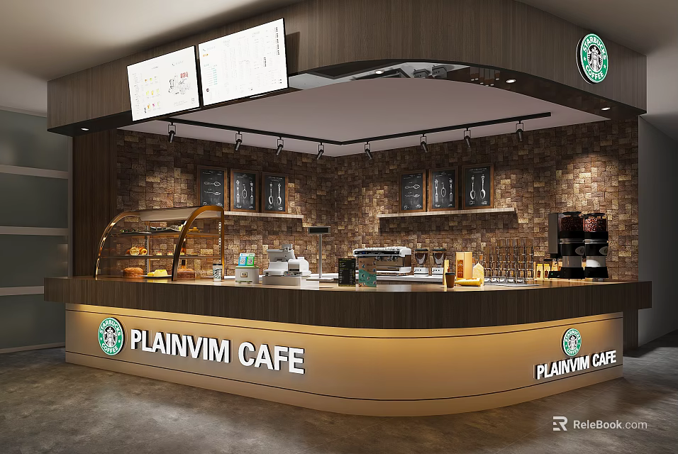 Modern Cafe Interior Design With Counter Display Case Menu Boards Brick Wall And Lighting 3d model 