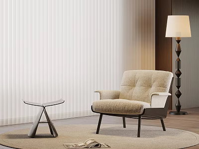 Beige Upholstered Lounge Chair With Glass Side Table And Floor Lamp In Modern Living Room 3d model