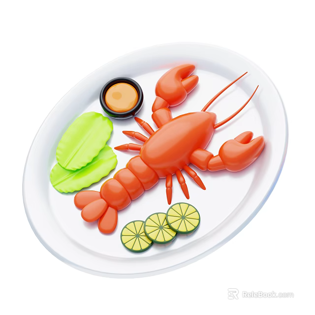 Fresh Lobster Served on White Plate with Green Leaves Lime Slices and Sauce 3d model 