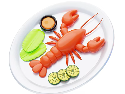 Fresh Lobster Served on White Plate with Green Leaves Lime Slices and Sauce 3d model
