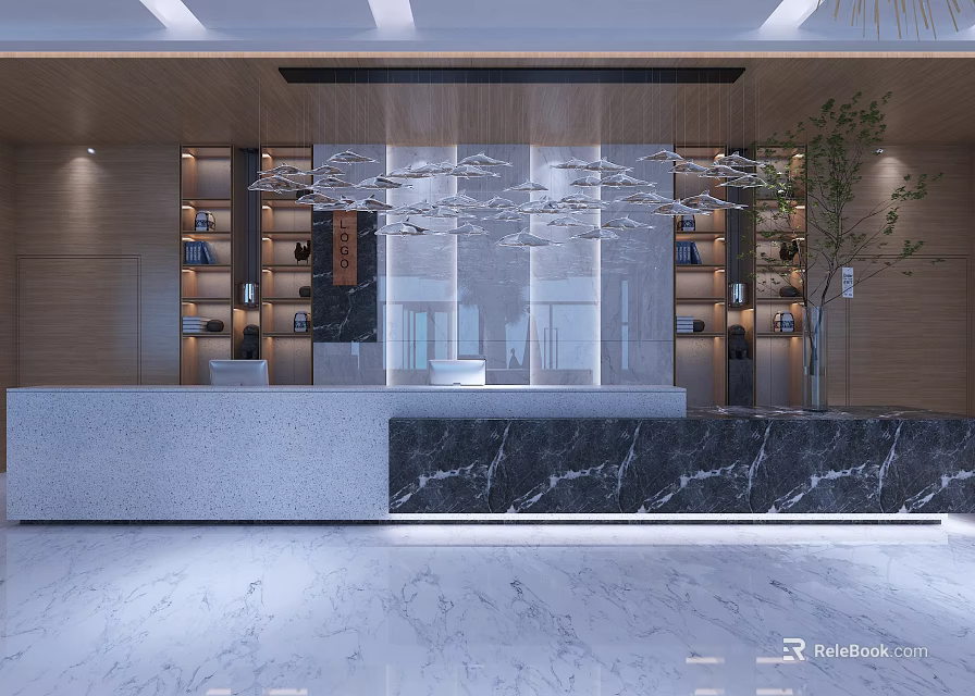 Modern Store Front Desk Interior With Marble Countertop Wooden Bookshelves And Green Plant 3d model 