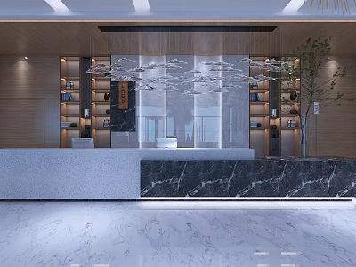 Modern Store Front Desk Interior With Marble Countertop Wooden Bookshelves And Green Plant 3d model