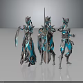 Three Humanoid Creatures in Turquoise and Silver Armor Posing Together with Futuristic Designs