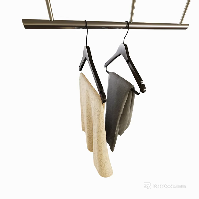 Black Hangers Hanging on Metal Rod with Beige and Gray Clothes 3d model 