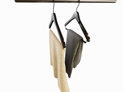 Black Hangers Hanging on Metal Rod with Beige and Gray Clothes 3d model
