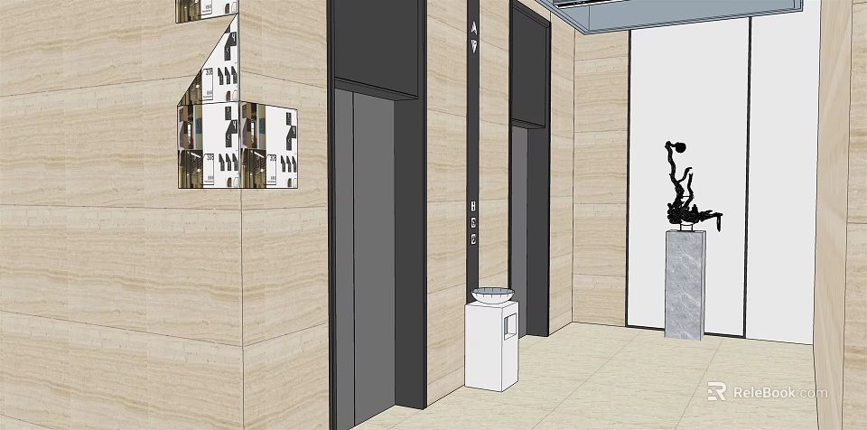 Modern Elevator Hallway Interior With Wooden Walls Elevator Doors And Decorative Sculpture 3d model 
