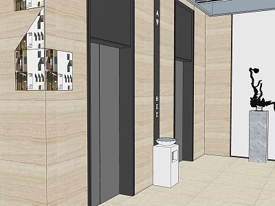 Modern Elevator Hallway Interior With Wooden Walls Elevator Doors And Decorative Sculpture 3d model