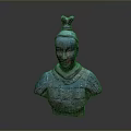 Terracotta Sculpture Carving Bust With Blue Brown Hue Hair Bun And Armor Decorative Patterns
