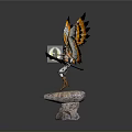 Mythical Eagle Humanoid Figure With Spread Orange Black Wings Holding Glowing Orb On Rock