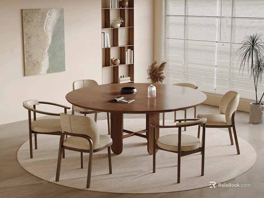 Round Wooden Dining Table Set With Six Beige Chairs In Modern Interior 3d model 