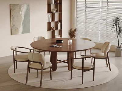 Round Wooden Dining Table Set With Six Beige Chairs In Modern Interior 3d model