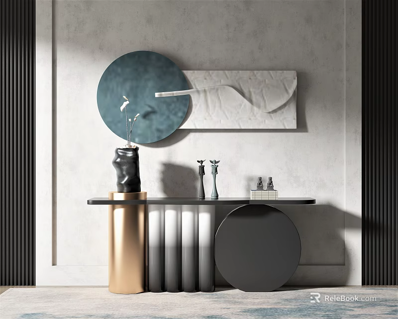 Modern Console Table Interior Design With Round Mirror Marble Artwork And Metal Base 3d model