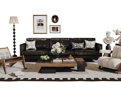 Modern Black Leather Sofa Set With Coffee Table Pillows And Wall Art Decor 3d model