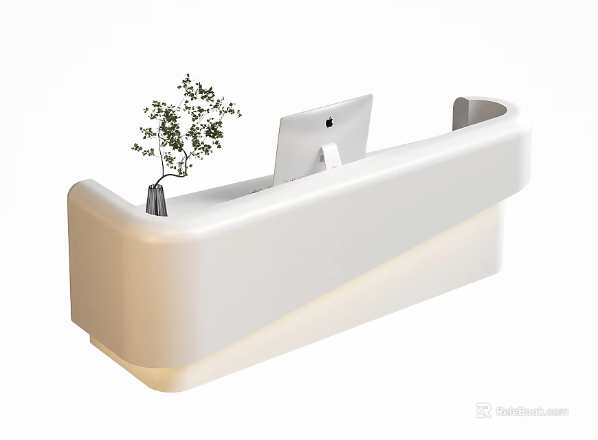 Modern White Reception Desk with Curved Design Featuring Small Plant Laptop and LED Light Strip 3d model 