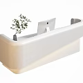 Modern White Reception Desk with Curved Design Featuring Small Plant Laptop and LED Light Strip