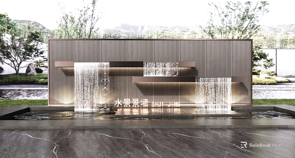 Water Feature Wall with Water Curtain Wooden Slats Lighting and Natural Surroundings 3d model 