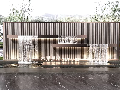 Water Feature Wall with Water Curtain Wooden Slats Lighting and Natural Surroundings 3d model
