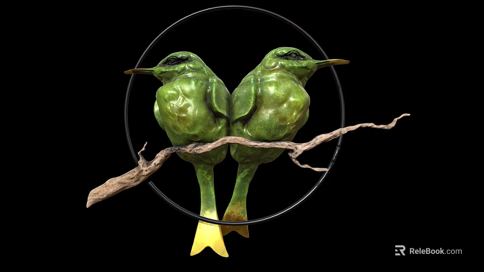 Two Green Hummingbirds Perched on Branch in Circular Frame with Black Background 3d model 