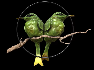Two Green Hummingbirds Perched on Branch in Circular Frame with Black Background 3d model Two Green Hummingbirds Perched on Branch in Circular Frame with Black Background 3d model