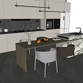 Modern Restaurant Kitchen Open Design With Wooden Dining Table And Marble Island