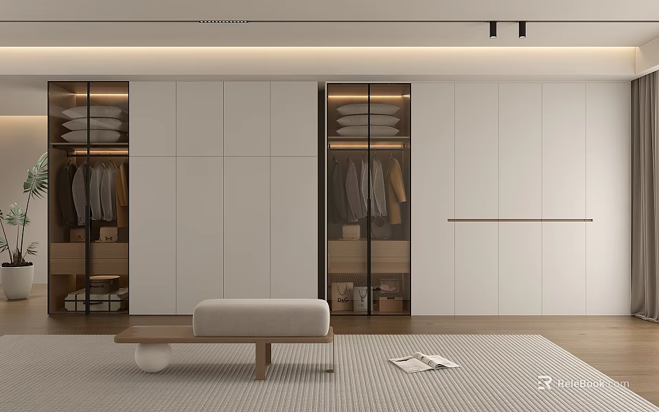 Modern White Wardrobe With Glass Doors Hanging Folded Clothes Bench And Carpet 3d model 