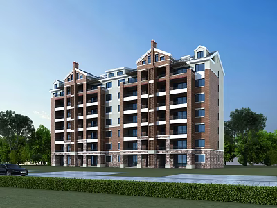 Multi Story Residential Building With Red Brick Exterior White Walls Balconies Green Lawns And Trees 3d model