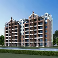 Multi Story Residential Building With Red Brick Exterior White Walls Balconies Green Lawns And Trees
