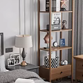 Wooden Shelving Unit With Multiple Shelves Holding Books Decorative Items And Woven Bag In Bedroom