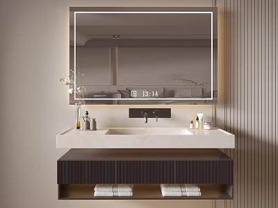 Modern Bathroom Cabinet with Illuminated Mirror White Countertop and Storage Shelves for Towels 3d model
