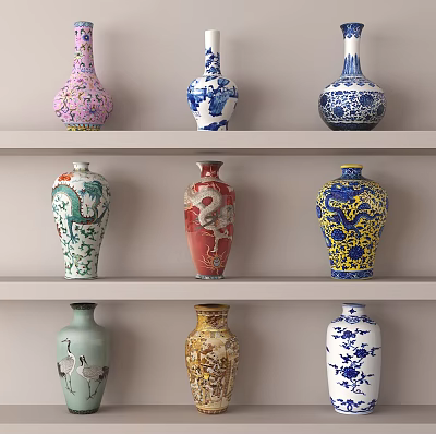 Various Traditional Ceramic Vases With Colorful Patterns Displayed On Shelves 3d model