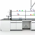 Modern Laboratory Setup With Black Lab Bench Colorful Reagent Bottles And Shelves