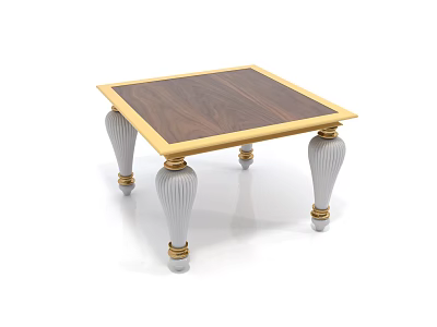 Elegant Square Coffee Table With Walnut Wooden Top Gold Trim And White Decorative Legs 3d model