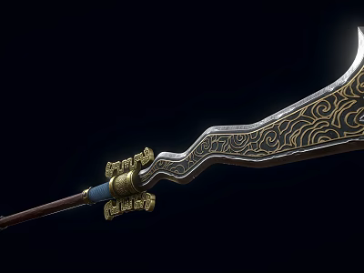 Traditional Dragon Themed Ancient Weapon With Intricate Golden Patterns And Wooden Handle 3d model