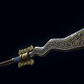 Traditional Dragon Themed Ancient Weapon With Intricate Golden Patterns And Wooden Handle