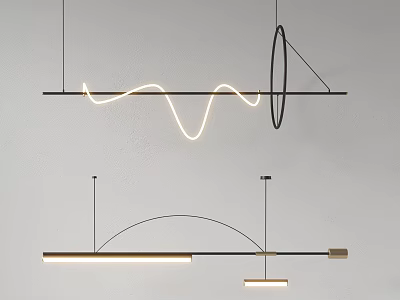 Modern Interior Design Featuring Sleek Metallic Chandeliers With Wavy Light Rings And Arched Structures 3d model