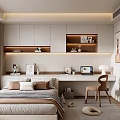 Modern Minimalist Tatami Bedroom Interior With Bed Desk Chair And Bookshelf