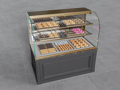 Glass Gold Frame Dessert Display Shelf With Various Pastries Chocolates And Biscuits 3d model